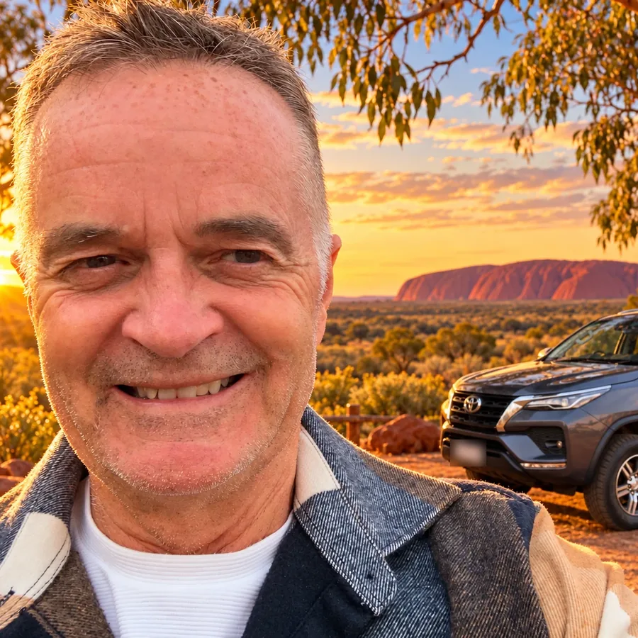 Stephen Cutts smiling at sunset, with Uluru and his car behind him